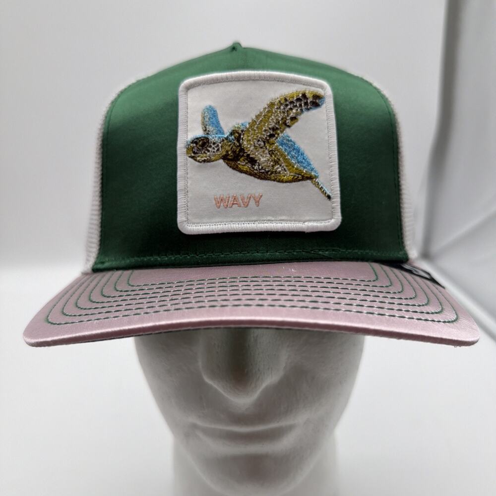 Wavy Turtle Patch Green & Pink Trucker Hat Snapback Goorin Bros The Farm